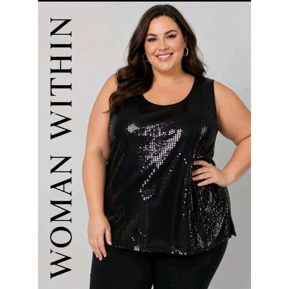 Woman Within Womens 5X Black Sequins Sparkle Sleeveless Scoop Neck Tank Top